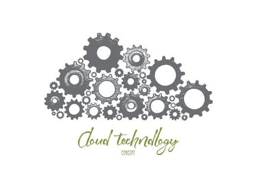 Cloud technology concept. Hand drawn cloud from little gears. Internet technology symbol isolated vector illustration.