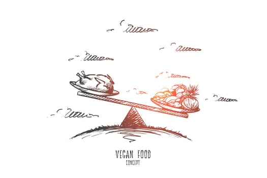 Vegan food concept. Hand drawn chicken vs vegetables. Vegetarian nutrition isolated vector illustration.