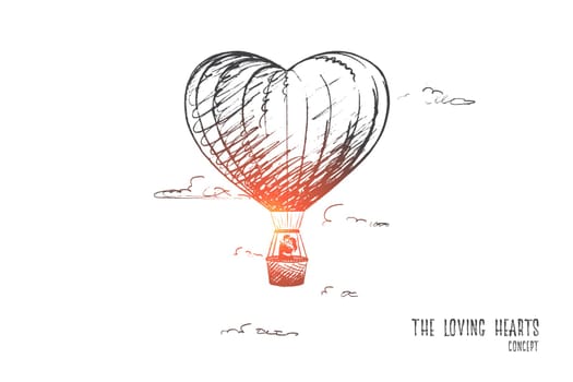 The loving hearts concept. Hand drawn man and woman in love. Loving couple flying on balloon isolated vector illustration.