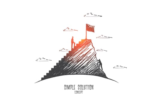 Simple solution concept. Hand drawn man climbs the stairs. Smart person trying to make right decision isolated vector illustration.