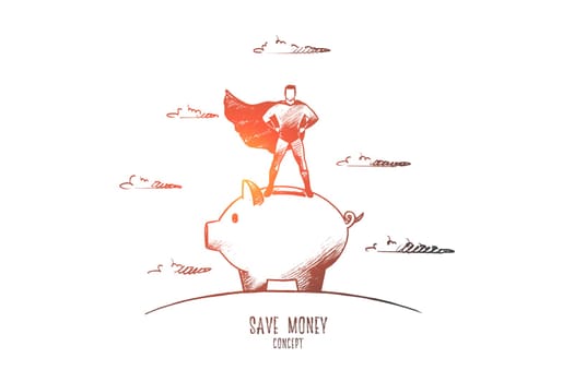 Save money concept. Hand drawn superhero standing on piggy bank. Investment for future isolated vector illustration.