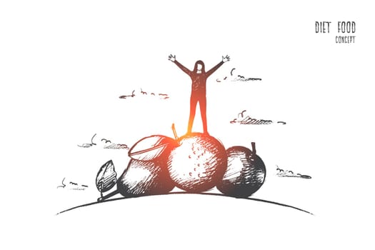 Diet food concept. Hand drawn woman standing on pile of fruits and vegetables. Diet nutrition products isolated vector illustration.