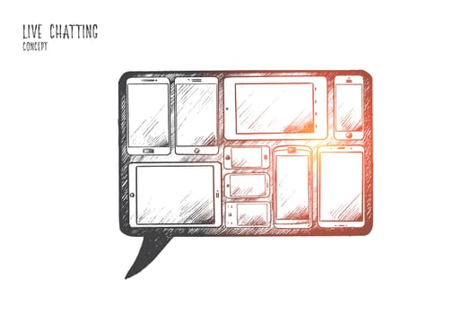 Live chatting concept. Hand drawn a lot of gadgets with screens. Internet communication isolated vector illustration.