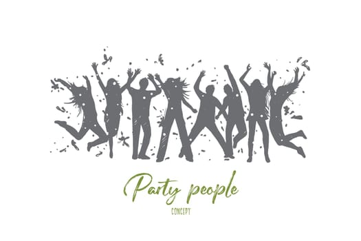 Party people concept. Hand drawn young people dancing in night club. Silhouette of festive people having fun together isolated vector illustration.
