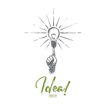 Vector hand drawn Idea concept sketch. Human finger pointing at bright light bulb meaning getting great idea. Lettering Idea concept