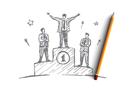 Vector hand drawn businessman number one concept sketch. Happy businessman standing on the first place of podium with raised hands, the second and the third positions workers looking at him