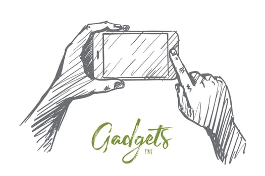 Vector hand drawn gadgets time concept sketch. Lettering Gadgets time