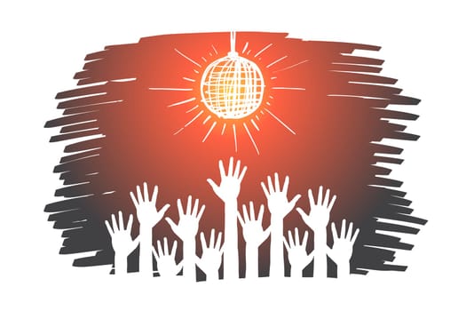 Vector hand drawn night club concept sketch with human hands raised up under disco ball