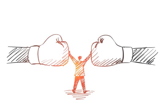 Vector hand drawn Peacekeeper concept sketch with man standing between two human fists and preventing them from fighting