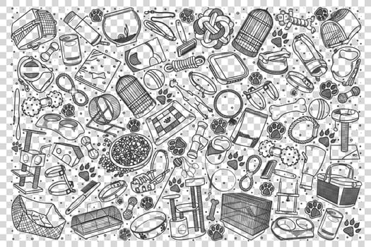 Pets shop doodle set. Collection of hand drawn sketches templates patterns of bird cages dogs food and collars cat litters and toys on transparent background. Domestic animal care illustration.