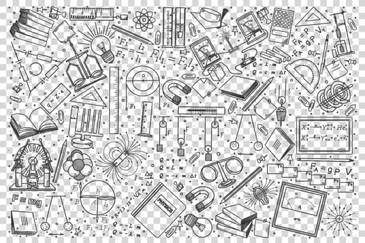 Physics doodle set. Collection of hand drawn sketches templates drawing patterns of physical laws formulae and euipment tools for tests. Back to school and education illustration.