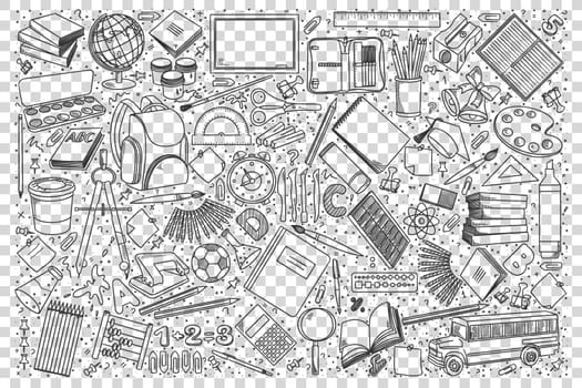 School doodle set. Collection of hand drawn sketches patterns templates of classroom equipment books blackboards desks on transparent background. Back to college unversity and education illustration.