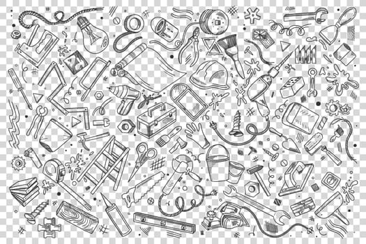 Repairs doodle set. Collection of hand drawn patterns sketches templates of working tools and instruments screwdriver drill spanner on transparent background. Maintenance equipment illustration.