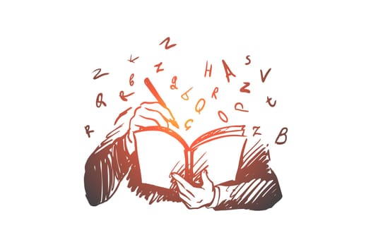 Book, knowledge, student, read, letters concept. Hand drawn person reading book concept sketch. Isolated vector illustration.