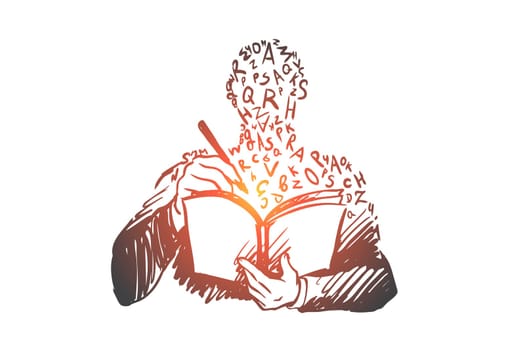 Education, book, knowledge, study, university concept. Hand drawn person learning with book concept sketch. Isolated vector illustration.