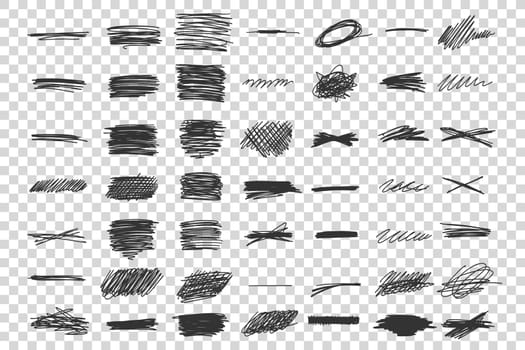 Scribble doodle set. Collection of hand drawn ink cahlk brush lines daubs templates patterns on transparent background. Pen pencil ink smearing sketches illustration.