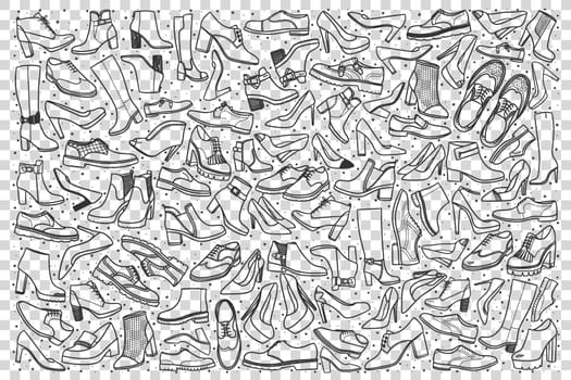 Shoes doodle set. Collection of hand drawn sketches templates patterns of male female footwear boots slippers on transparent background. Beauty and fashionable lifestyle illustration.