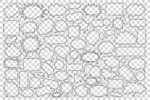 Speech bubble doodle set. Collection of hand drawn sketches templates pattern of cloud form object demonstration communication dialog on transparent background. Cartoon symbol illustration.