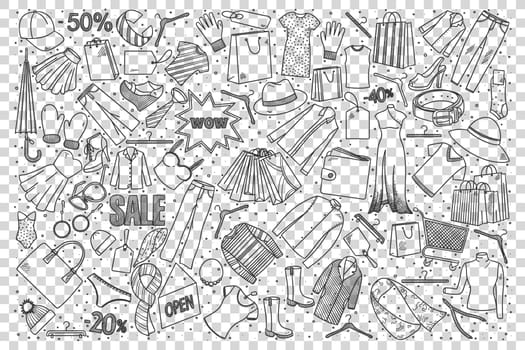 Shopping doodle set. Collection of hand drawn sketches templates patterns of male female clothing outfit at shop on transparent background. Discounts retail and sale illustration