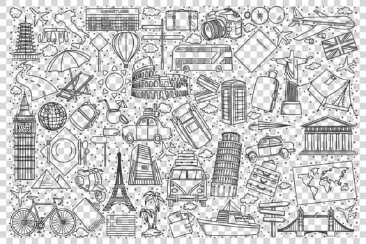 Travel doodle set. Collection of hand drawn sketches templates patterns of tourism travelling around world on holiday or vacation and countries landmarks. Active lifestyle recreation illustration.
