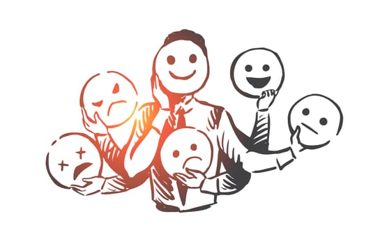 Person, emotions, mask, face, mood concept. Hand drawn person changes different emotions concept sketch. Isolated vector illustration.