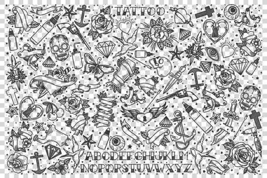 Tatoo doodle set. Collection of hand drawn sketches templates patterns of ink skin body drawings flowers skulls text on transparent background. Fashionable lifestyle illustration