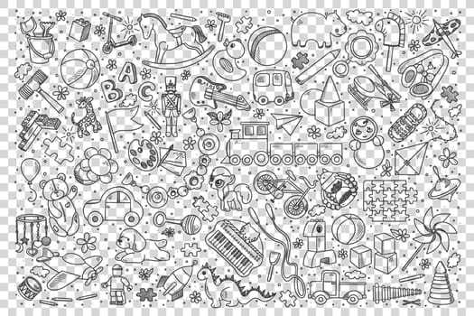 Toys doodle set. Collection of hand drawn templates sketches patterns of playthings for children kids babies boy girls tin soldiers dolls teddy bear on transparent background. Childhood illustration.