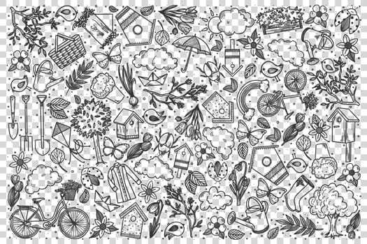 Spring doodle set. Collection of hand drawn sketches templates patterns of seeding soils flowers bloom and birds arrival on transparent background. Weather season illustration