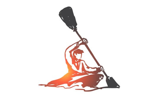 Kayak, sport, individual, paddle, activity concept. Hand drawn man sailing with kayak concept sketch. Isolated vector illustration.