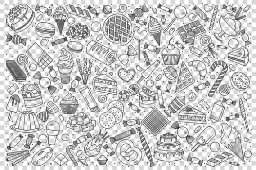 Sweets doodle set. Collection of hand drawn sketches templates of different delicious food desserts candies cake pie honey and lollipops. Unhealthy nutrition and lifestyle illustration.