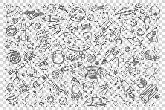 Space doodle set Collection of hand drawn sketches templates patterns of cosmic objects stars and planets with meteors and black holes on transparent background. Universe or galaxy illustration.