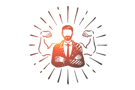 Hipster businessman, beard, manager, work, suit concept. Hand drawn successful hipster businessman concept sketch. Isolated vector illustration.