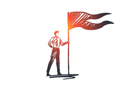Goals, flag, winner, success, leader concept. Hand drawn successful businessman with winners flag concept sketch. Isolated vector illustration.