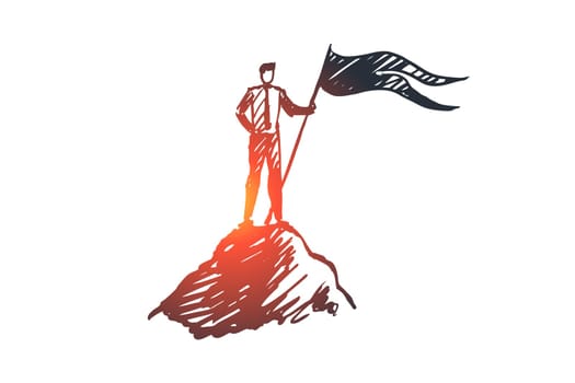 Goal, top, leadership, achievement, winner concept. Hand drawn successful businessman on top of mountain concept sketch. Isolated vector illustration.
