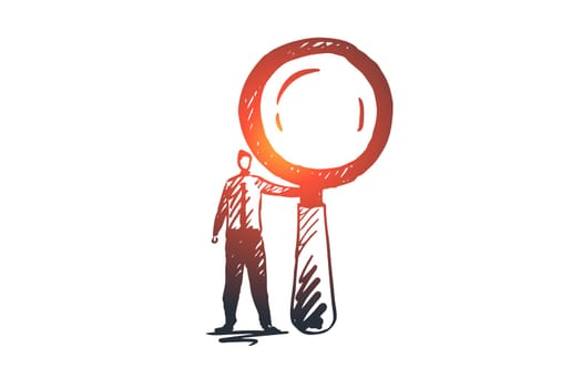 Vision, business, looking, corporate, planning concept. Hand drawn businessman with magnifying glass concept sketch. Isolated vector illustration.