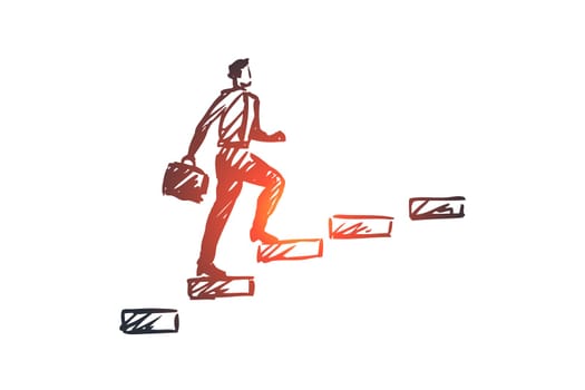 Support, business, customer, work, communication concept. Hand drawn businessman climbs the stairs concept sketch. Isolated vector illustration.