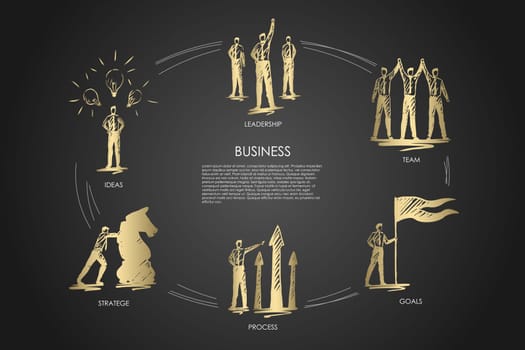 Business, team, goals, stratege, ideas, leadership concept vector set