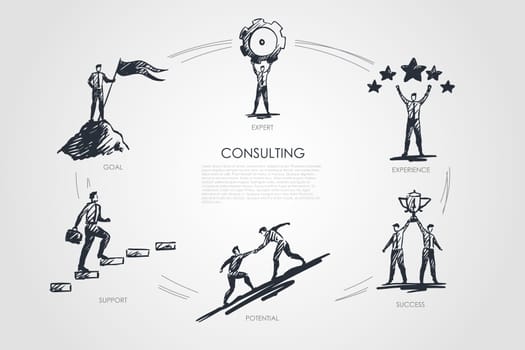 Consulting, expert, experience, success, potential, goal concept vector set