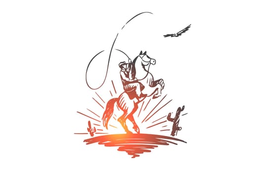 Western day, wild, cowboy, Texas, horseman concept. Hand drawn horseman in wild desert concept sketch. Isolated vector illustration.