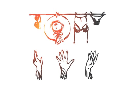 Summertime, swimsuit, hat, sunglasses concept. Hand drawn woman's hands try to take summer clothes concept sketch. Isolated vector illustration.
