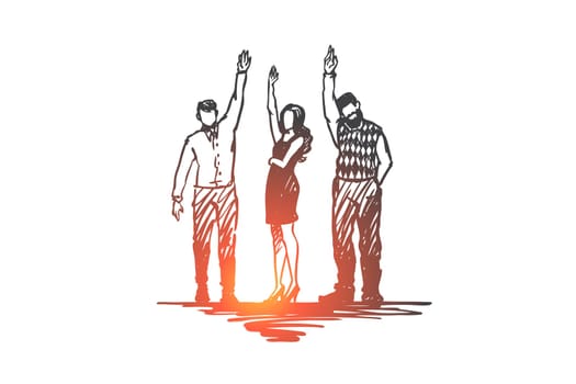 Volunteer, help, together, donation concept. Hand drawn group of volunteers raised their hands up concept sketch. Isolated vector illustration.