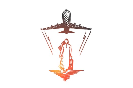 Business trip, businessman, muslim, islamic, arab concept. Hand drawn muslim man with suitcase and airplane concept sketch. Isolated vector illustration.