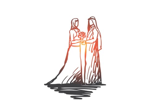Wedding, bride, together, betrothal, islam concept. Hand drawn concept. Hand drawn bride and groom in muslim wedding dress concept sketch. Isolated vector illustration.
