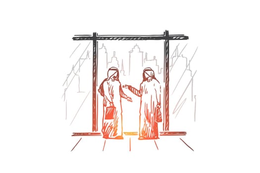 Businessmen, partners, muslim, islam, city concept. Hand drawn muslim businessmen agree about cooperation, city on background concept sketch. Isolated vector illustration.