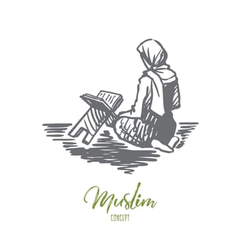 Muslim, islam, religion, arab, girl, koran, prayer concept. Hand drawn arabic girl sitting on knees and praying concept sketch. Isolated vector illustration.