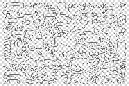 Ribbon banners doodle set. Collection of hand drawn sketches template patterns of decorative placards and bands scrolls on transparent background. Festival celebration illustration