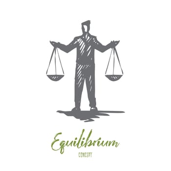 Equilibrium, balance, equality, scale, justice concept. Hand drawn person with scales in hands concept sketch. Isolated vector illustration.