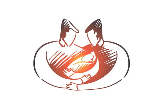 Father, newborn, family, homosexual concept. Hand drawn two homosexual men hugging newborn baby concept sketch. Isolated vector illustration.