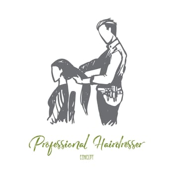 Model, professional hairdresser, beauty salon, trendy, concept. Hand drawn hairdresser with customer in salon concept sketch. Isolated vector illustration.