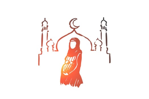Religion, pregnancy, muslim, arabic, islam, mosque concept. Hand drawn silhouette of pregnant muslim woman, mosque on background concept sketch. Isolated vector illustration.